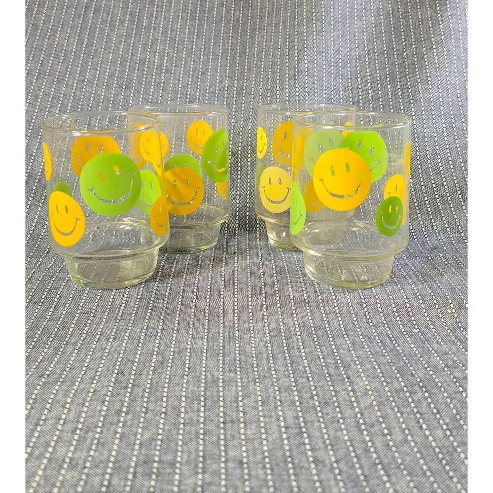 Vintage Libbey 1960s Yellow & Green Smiley Face Stackable (4) Glass Tumblers
